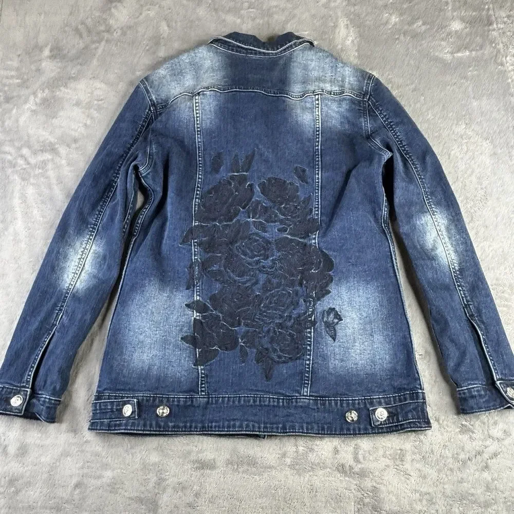 Lularoe Harvey Denim Jean Jacket Embroidered Floral Dark Wash Women Large Button